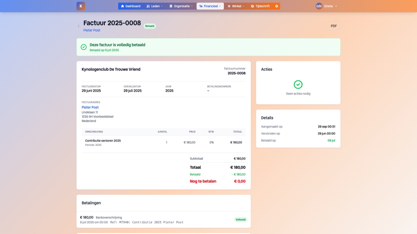 Detail van een lidgeldfactuur met bedrag en betaalstatus